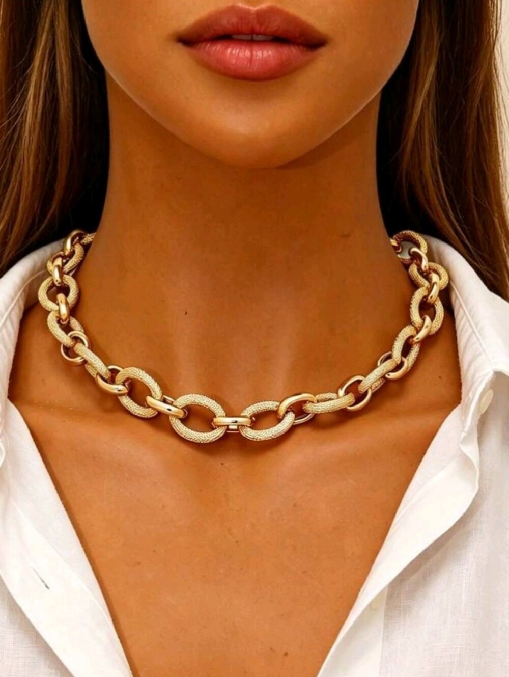 NEW! Gold Trendy Textured Chunky Link Necklace - Women Jewelry